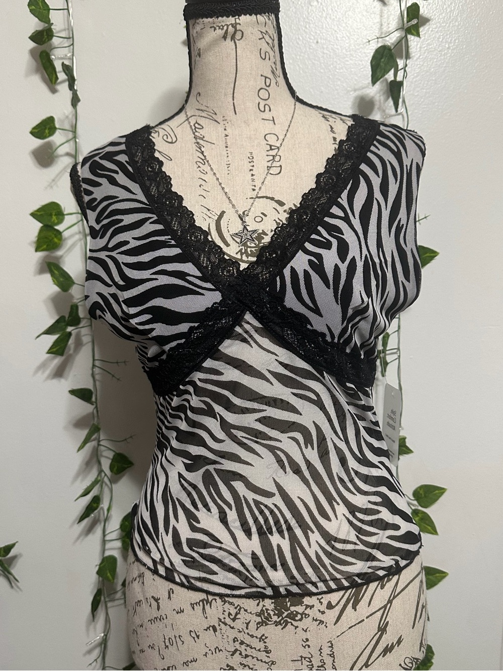 Vibe Black and White Zebra Lace-Trim Tank Top